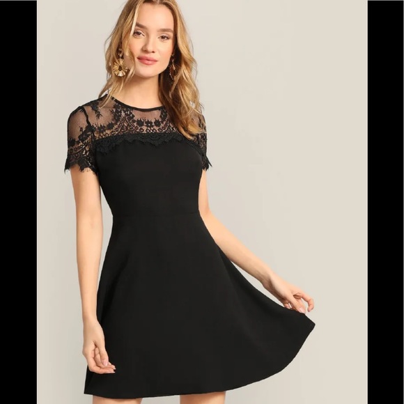 SHEIN Dresses & Skirts - Black Floral Lace Yolk Skater Dress